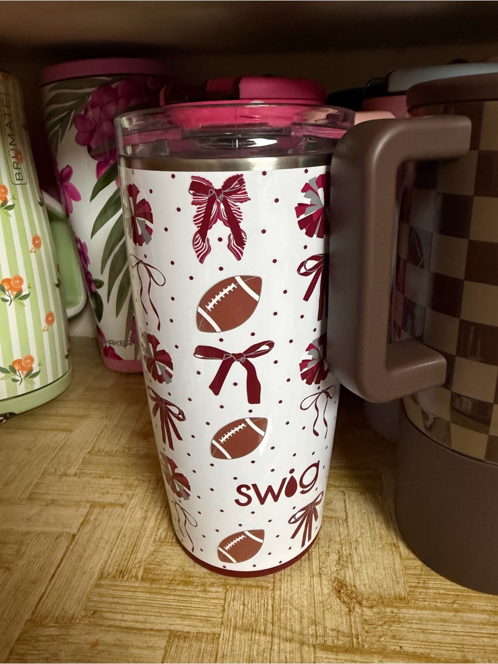 Swig Pink & Brown Football Pattern Insulated Tumbler